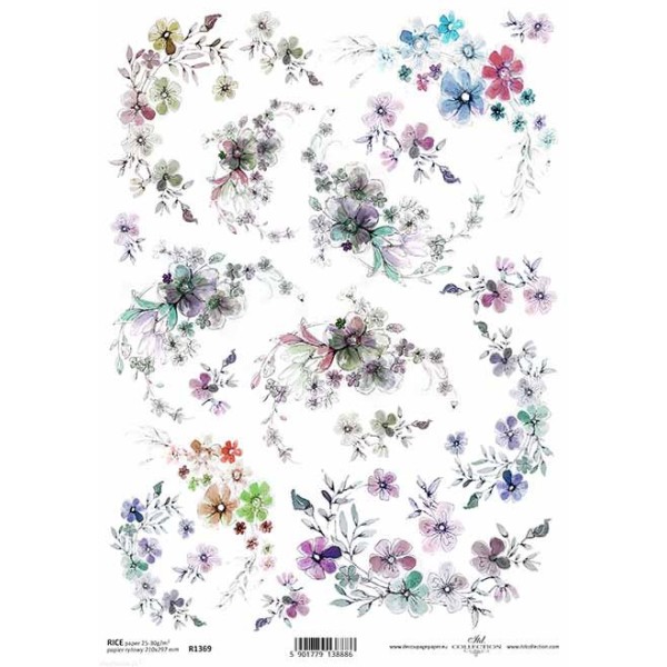Papier de riz A4 volutes de fleurs