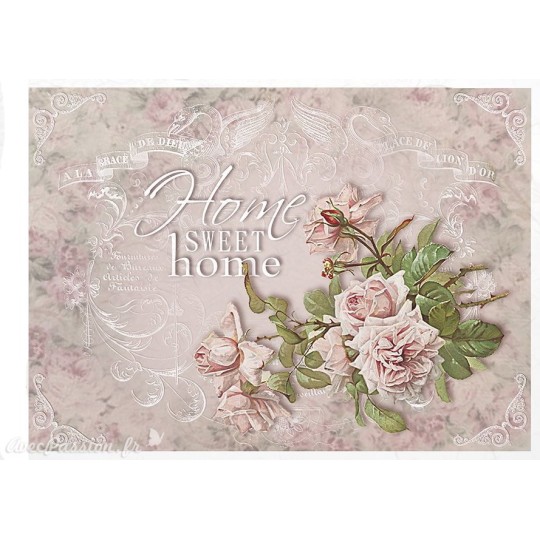 Papier de riz home sweet home & roses 21x30cm