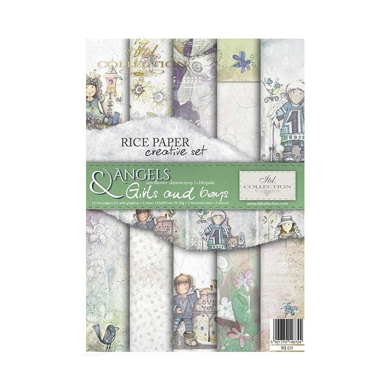 Kit créatif 13 papier de riz + 2 pochoirs + 5 foil  //  Angels girls and boys
