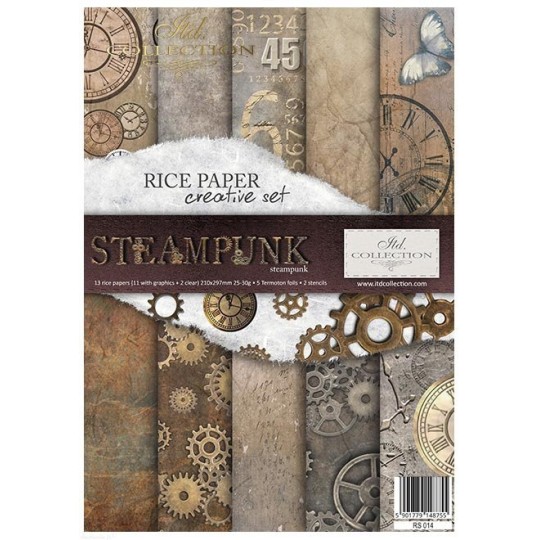 Kit créatif 13 papier de riz + 2 pochoirs + 5 foil // Steampunk Kit créatif 13 papier de riz + 2 pochoirs + 5 foil // Steampunk