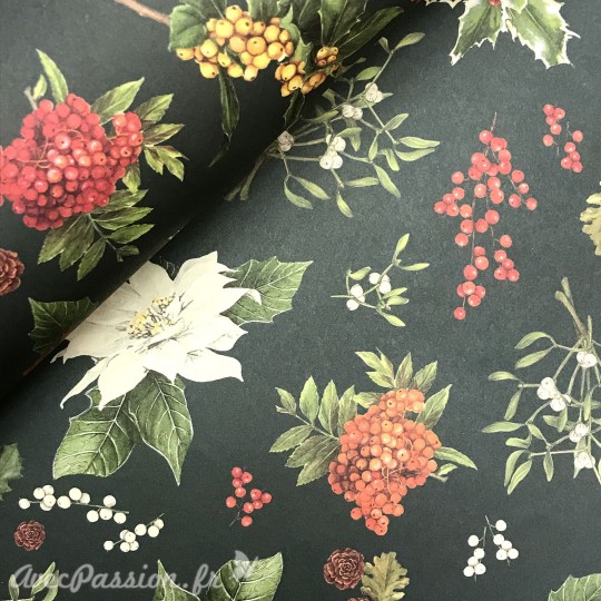 Papier tassotti à motifs Noël Poinsetta fond vert