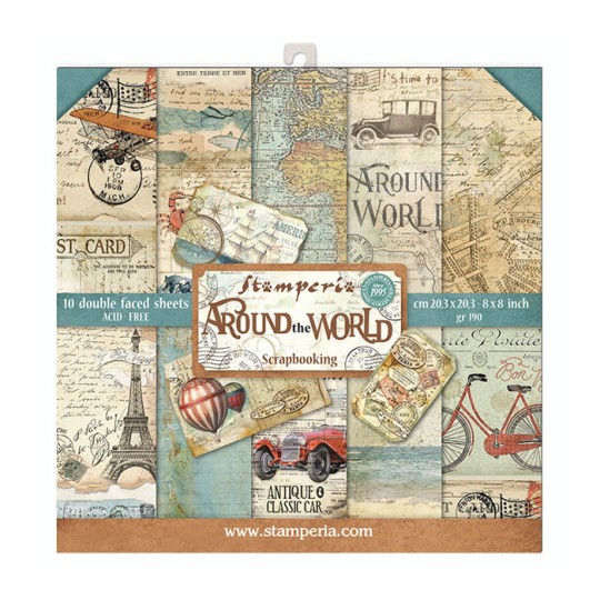 Papier scrapbooking assortiment Stamperia 10f recto verso 20x20 Around the World