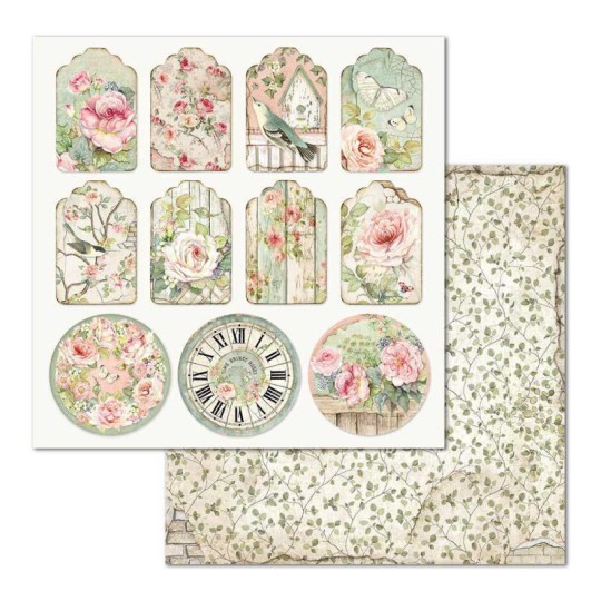 Feuille scrapbooking Stamperia Tag House of roses 30x30 réversible
