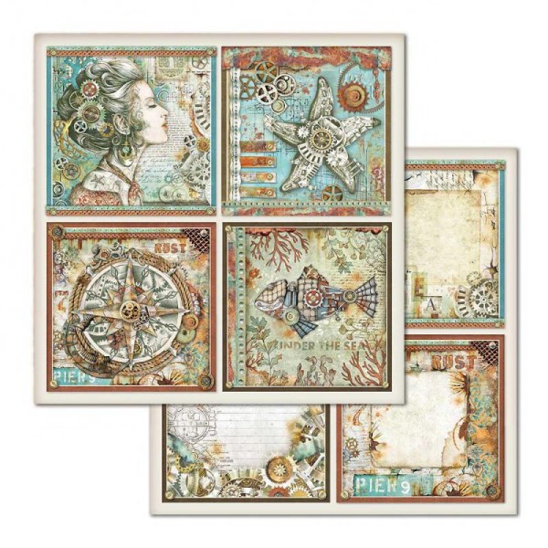 Feuille scrapbooking Stamperia Frames Sea world 30x30 réversible