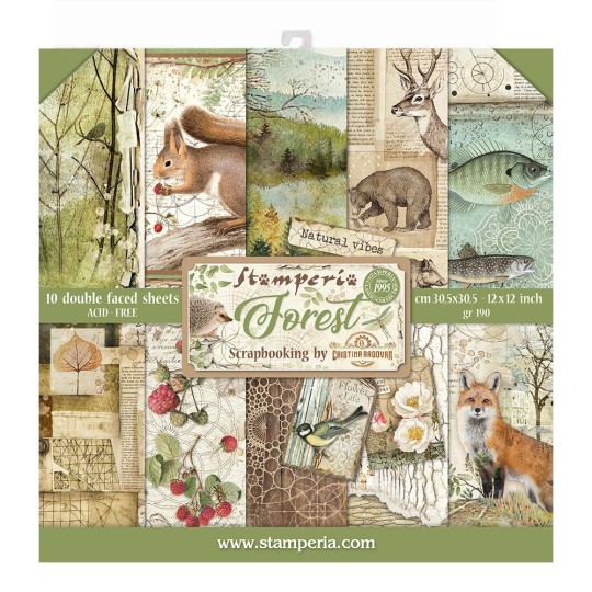 Papier scrapbooking assortiment Stamperia Forest 10f recto verso 30x30