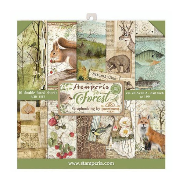 Papier scrapbooking assortiment Stamperia forest 10f recto verso 20x20 Forest