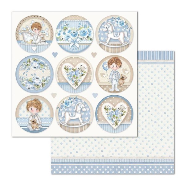 Feuille scrapbooking Stamperia étiquettes little boy 30x30 réversible