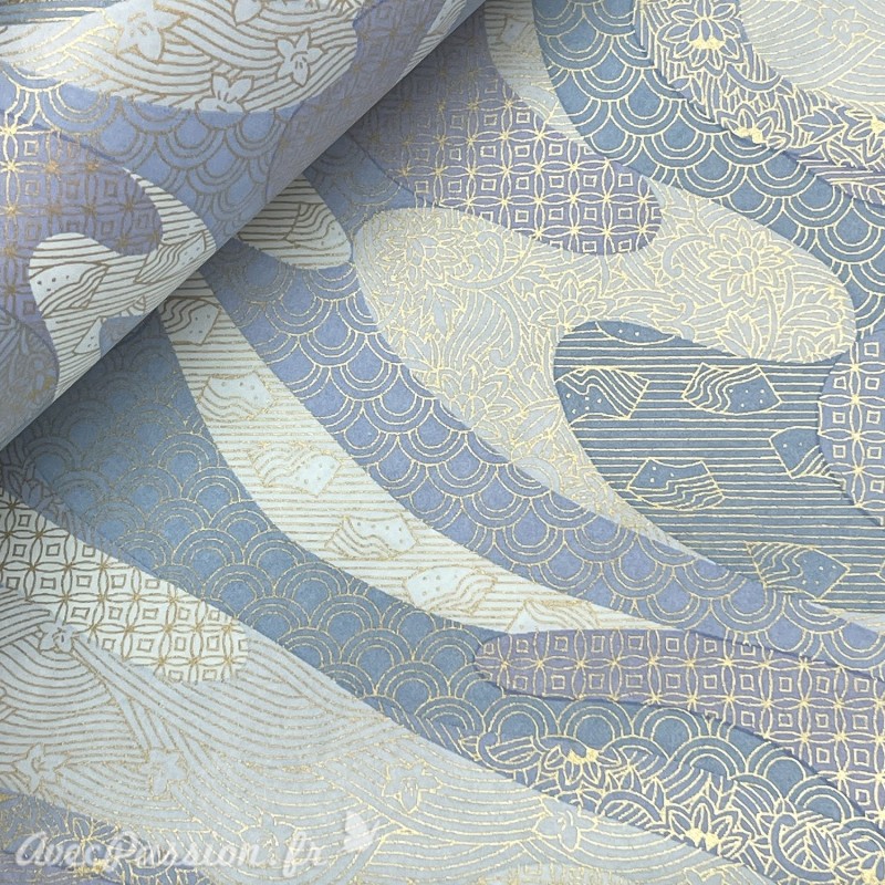 Papier japonais chiyogami rivière parme et bleu clair