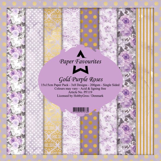 Papier scrapbooking assortiment Dixi Craft Paper Favourites gold purple roses 15x15 24fe