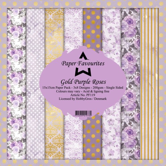 Papier scrapbooking assortiment Dixi Craft Paper Favourites gold purple roses 15x15 24fe