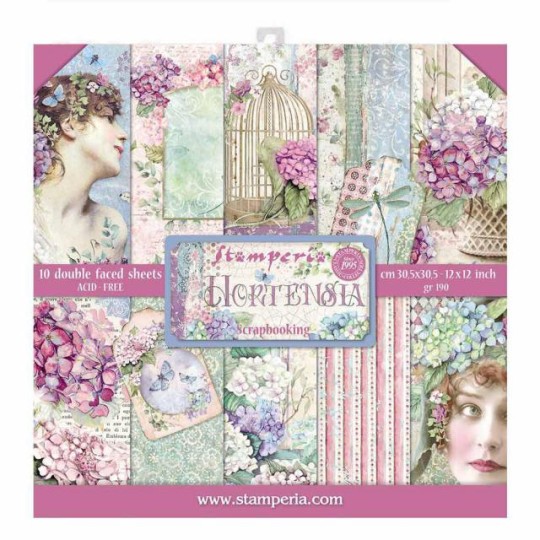 Papier scrapbooking Hortensia Stamperia 10f recto verso 30x30 assortiment