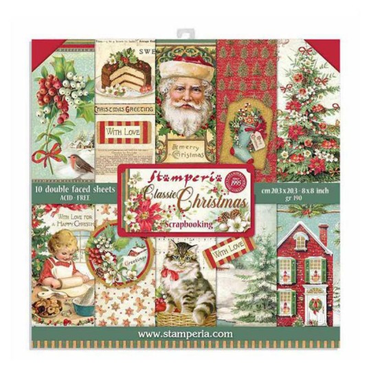 Papier scrapbooking assortiment Stamperia 10f recto verso 20x20 classic christmas 