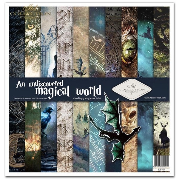 Papier scrapbooking undiscovered magical world assortiment 1 tag + 10 feuilles 30x30