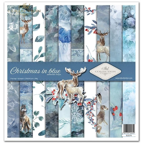 Papier scrapbooking Christmas in Blue assortiment 1 tag + 10 feuilles 30x30