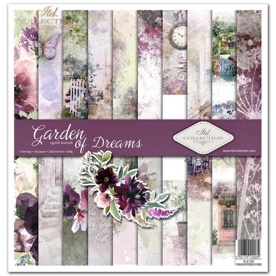 Papier scrapbooking Garden of Dreams assortiment 1 tag + 10 feuilles 30x30