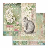 Papier scrapbooking assortiment Stamperia Orchidées et chats 10f recto verso 30x30