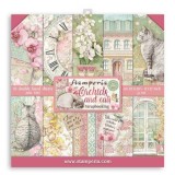 Papier scrapbooking assortiment Stamperia Orchidées et chats 10f recto verso 30x30