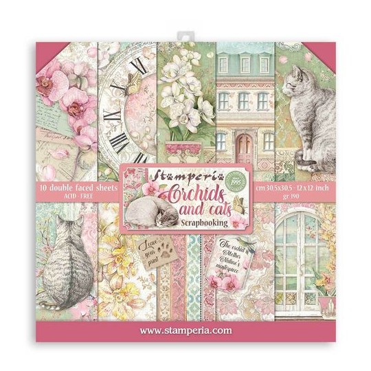 Papier scrapbooking assortiment Stamperia Orchidées et chats 10f recto verso 30x30