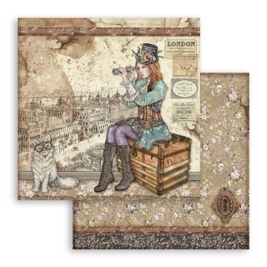 Feuille scrapbooking Stamperia Lady Vagabond et Chat 30x30 réversible