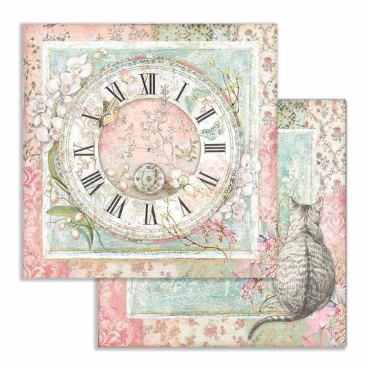 Feuille scrapbooking Stamperia Horloge et chat 30x30 réversible