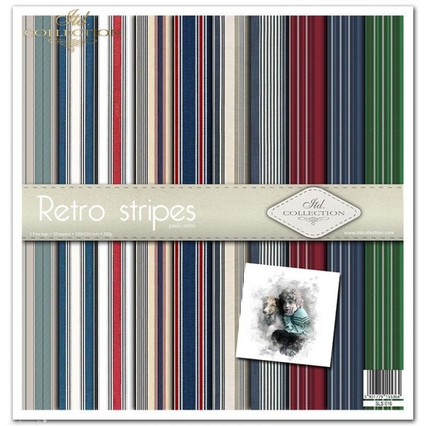 Papier scrapbooking Retro stripes assortiment 1 tag + 10 feuilles 30x30