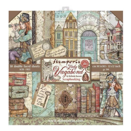 Papier scrapbooking assortiment Stamperia Lady Vagabond 10f recto verso 30x30