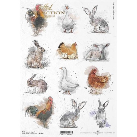 Papier de riz poules lapins oie A4