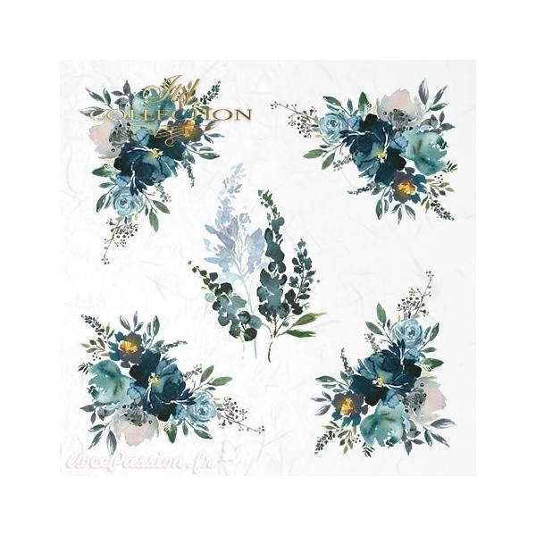 Set de 6 Papiers de riz fleurs bleues assortiment 15x15cm