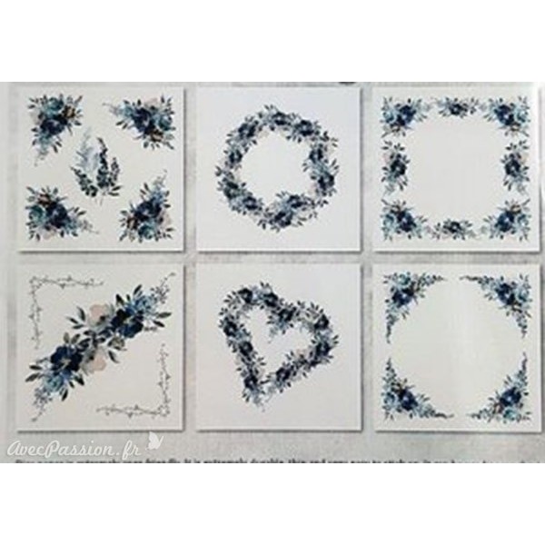 Set de 6 Papiers de riz fleurs bleues assortiment 15x15cm