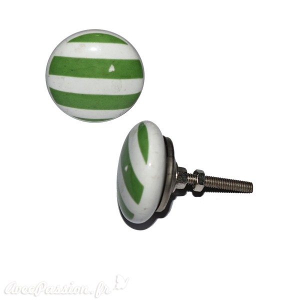 Bouton de meuble céramique blanc lignes vertes