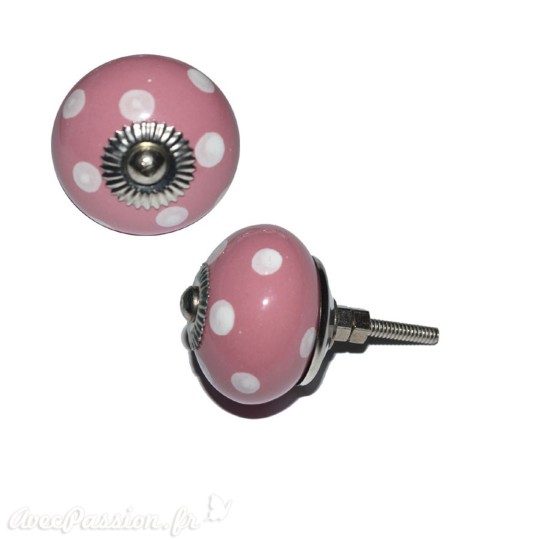 Bouton de porte céramique rose points blancs