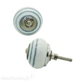 Bouton de meuble céramique blanc rayures droites bleues