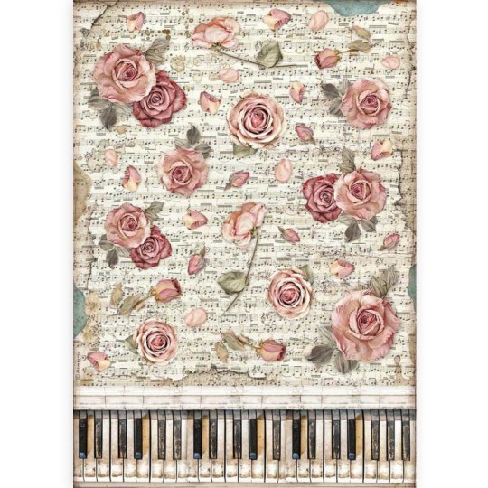 Papier de riz Stamperia A3 Passion roses et piano Papier de riz Stamperia A3 Passion roses et piano