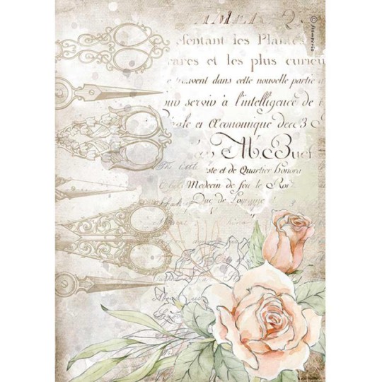 Papier de riz Stamperia A4 Romantic Threads ciseaux et roses