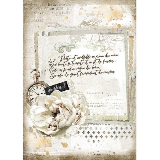 Papier de riz Stamperia A4 Romantic Journal manuscrit et horloge