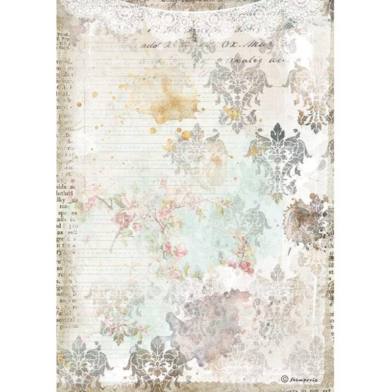 Papier de riz Stamperia A4 Romantic Journal texture avec dentelle