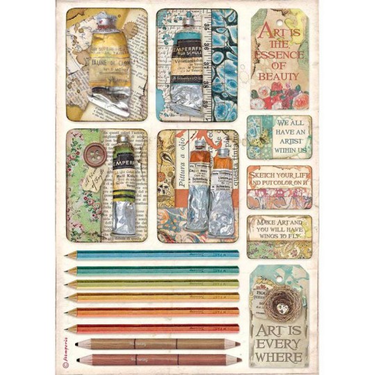 Papier de riz Stamperia A4 Atelier tubes de peintures et de crayons
