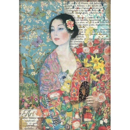 Papier de riz Stamperia A4 Atelier dame avec éventail Papier de riz Stamperia A4 Atelier dame avec éventail