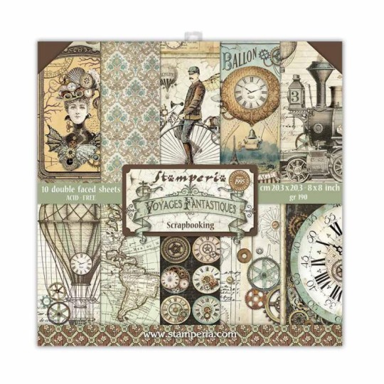 Papier scrapbooking assortiment Stamperia Voyages Fantastiques 10f 20x20 recto verso