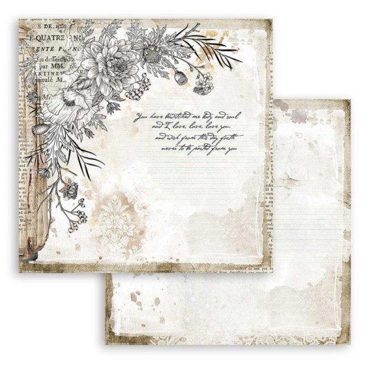 Papier scrapbooking Romantic Journal coin avec fleur Stamperia 30x30 réversible