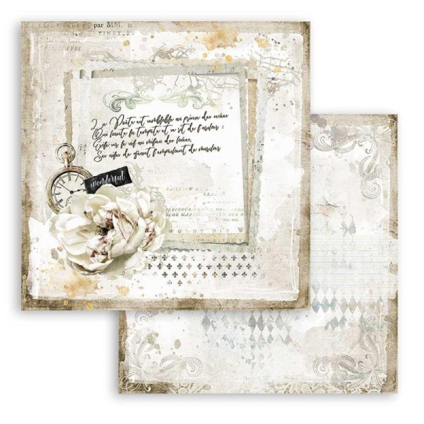 Feuille scrapbooking Stamperia Romantic Journal lettre et horloge 30x30 réversible