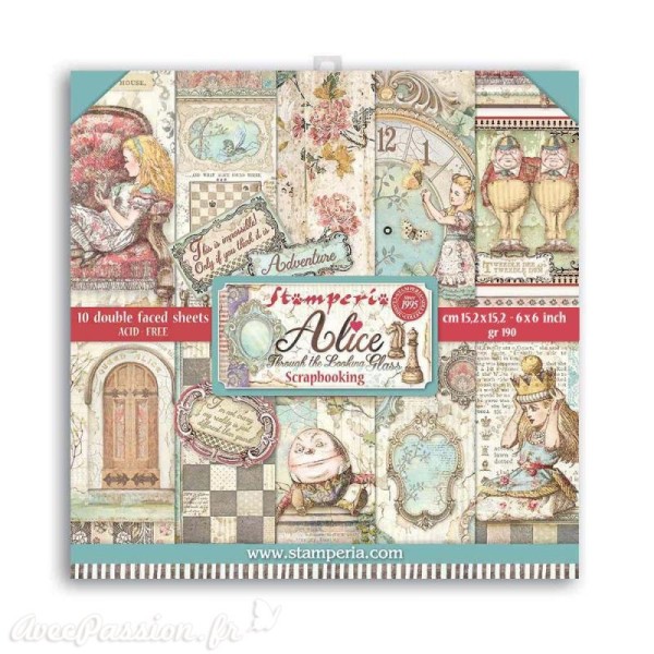 Papier scrapbooking assortiment Stamperia Alice through the looking glass 10f double face 15x15
