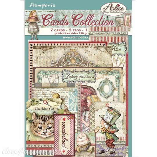 Collection Alice through the looking glass Stamperia 7 cartes 5 tag 1 signet 10x15cm