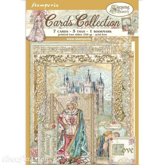 Collection Sleeping Beauty Stamperia 7 cartes 5 tag 1 signet 10x15cm