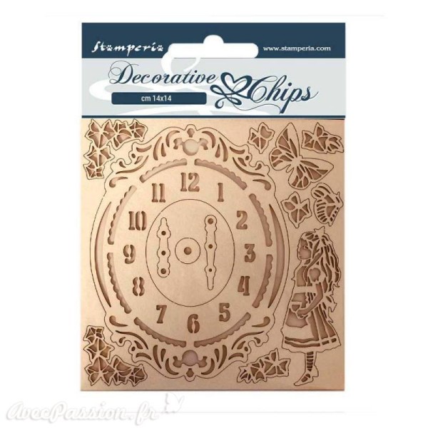 Chipboard carton Stamperia Alice horloge