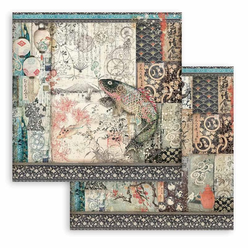 Papier Scrapbooking Sir Vagabond in Japan poisson mécanique Stamperia 30x30cm double face