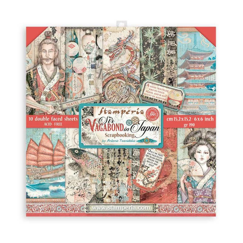 Papier scrapbooking Sir Vagabond in Japan Stamperia 10f double face 15x15 assortiment