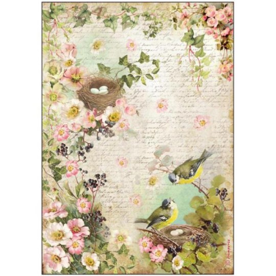 Papier de riz Fleurs de pêches et nids Stamperia A4 Papier de riz Fleurs de pêches et nids Stamperia A4