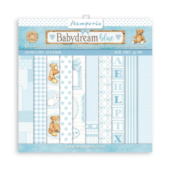 Papier scrapbooking assortiment Stamperia BabyDream Bleu 10f 30x30