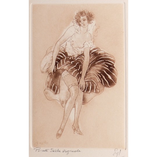 Gravure pointe sèche femme 1900 robe rayée Gravure pointe sèche femme 1900 robe rayée